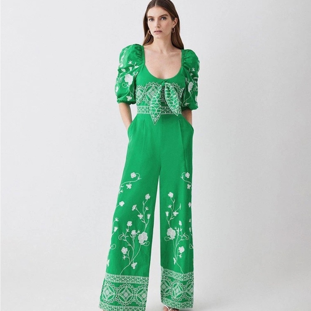 Karen Millen Green Embroidered Puff-Sleeve Jumpsuit size 10 - Picture 1 of 3